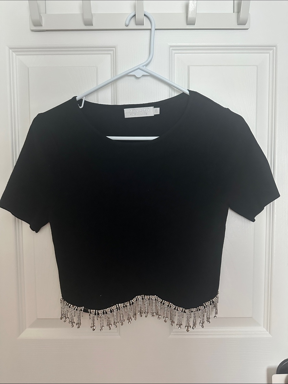 Muy muy Black Crop Top with Diamond Silver Beaded Fringe